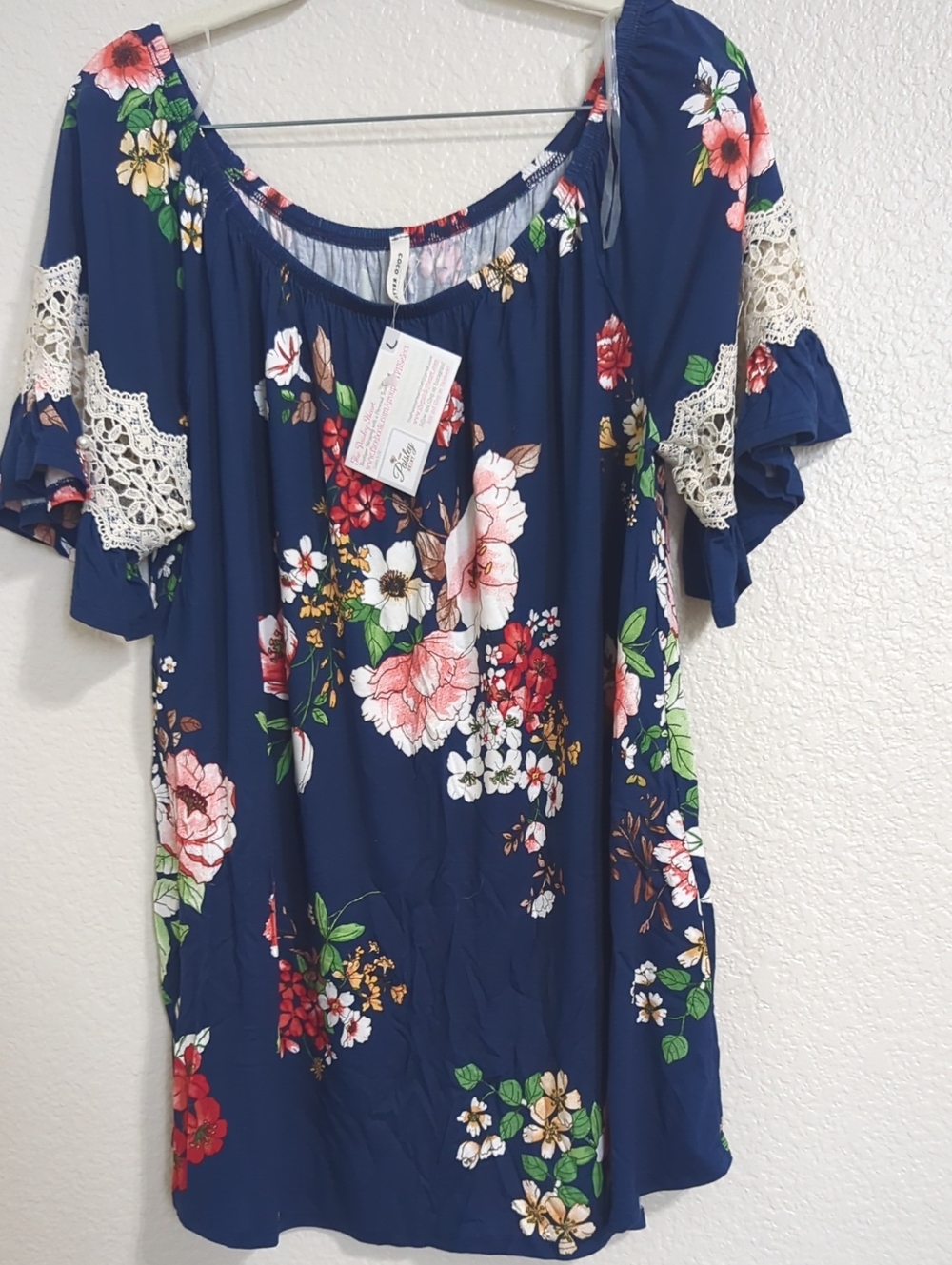 Coco Kelly Floral Lace Sleeve Navy Women’s Top